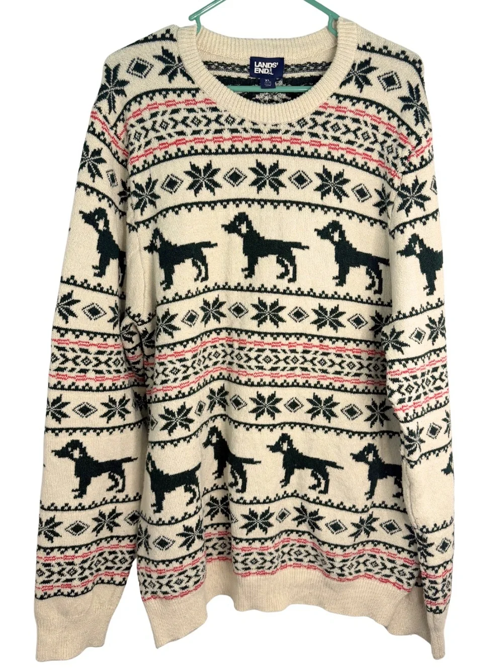 Lands' End Dog & Snowflake Fair Isle Crewneck Sweater Size XL